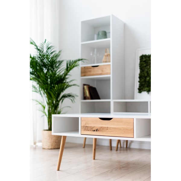 Stolik okolicznościowy - kolekcja BOX | Moonwood, Stolik okolicznościowy BOX na nóżkach 110 cm, biały z drewnem styl skandynawsk