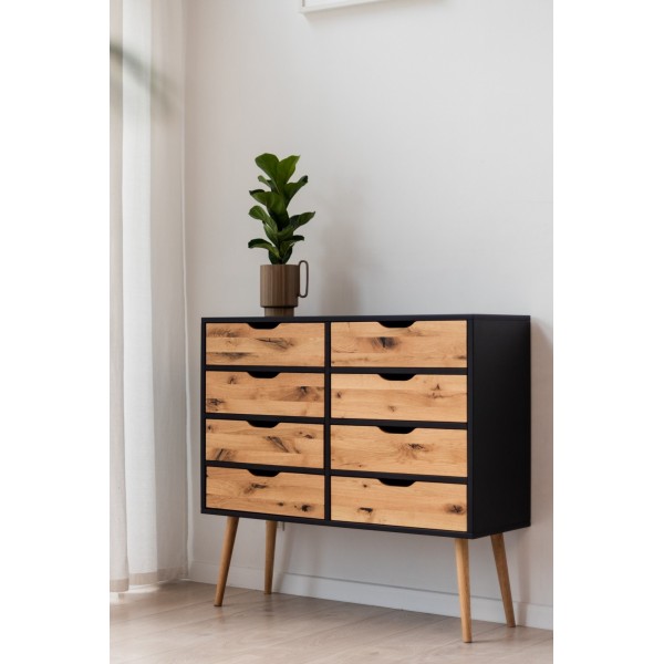 Komoda na nóżkach w stylu skandynawskim BOX 8-szuflad, czarny z drewnem - 2