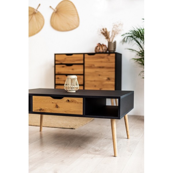 Stolik okolicznościowy BOX na nóżkach 110 cm czarny | Moonwood, Stolik okolicznościowy BOX na nóżkach 110 cm, czarny z drewnem, 