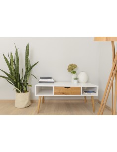 Stolik okolicznościowy - kolekcja BOX | Moonwood, Stolik okolicznościowy BOX na nóżkach 110 cm, biały z drewnem styl skandynawsk 2