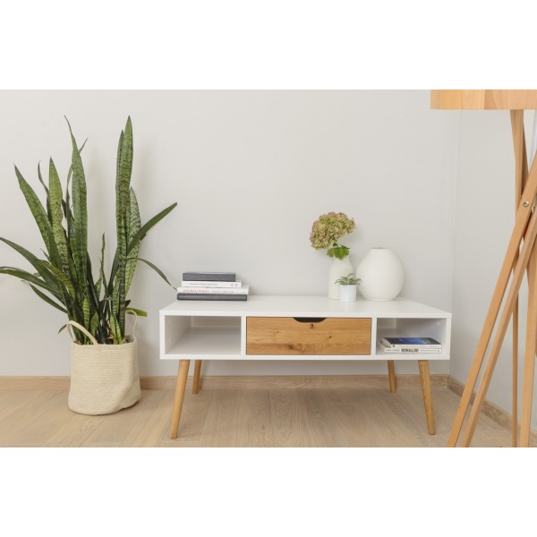 Stolik okolicznościowy - kolekcja BOX | Moonwood, Stolik okolicznościowy BOX na nóżkach 110 cm, biały z drewnem styl skandynawsk