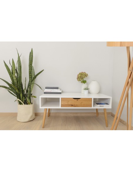 Stolik okolicznościowy - kolekcja BOX | Moonwood, Stolik okolicznościowy BOX na nóżkach 110 cm, biały z drewnem styl skandynawsk